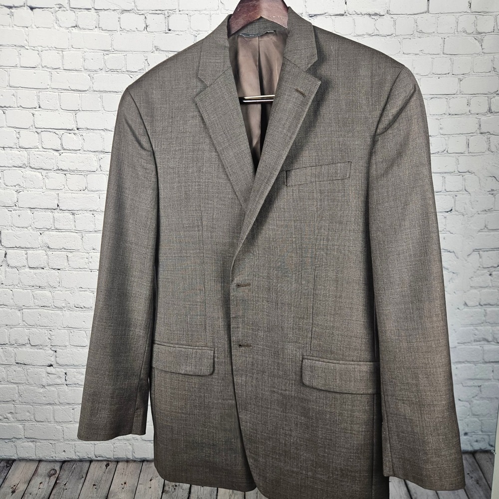 Merona‎ Premium Mens 44L Blazer 100% Wool Brown Grey Glen Plaid Sport Coat